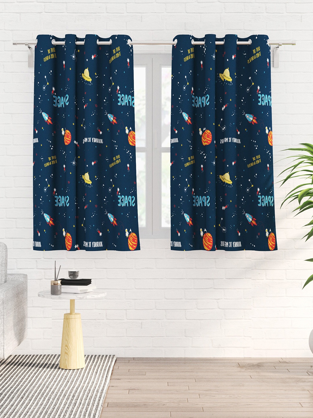 

Home Centre Slate Blue & Yellow 2 Pieces Quirky Blackout Cotton Window Curtains