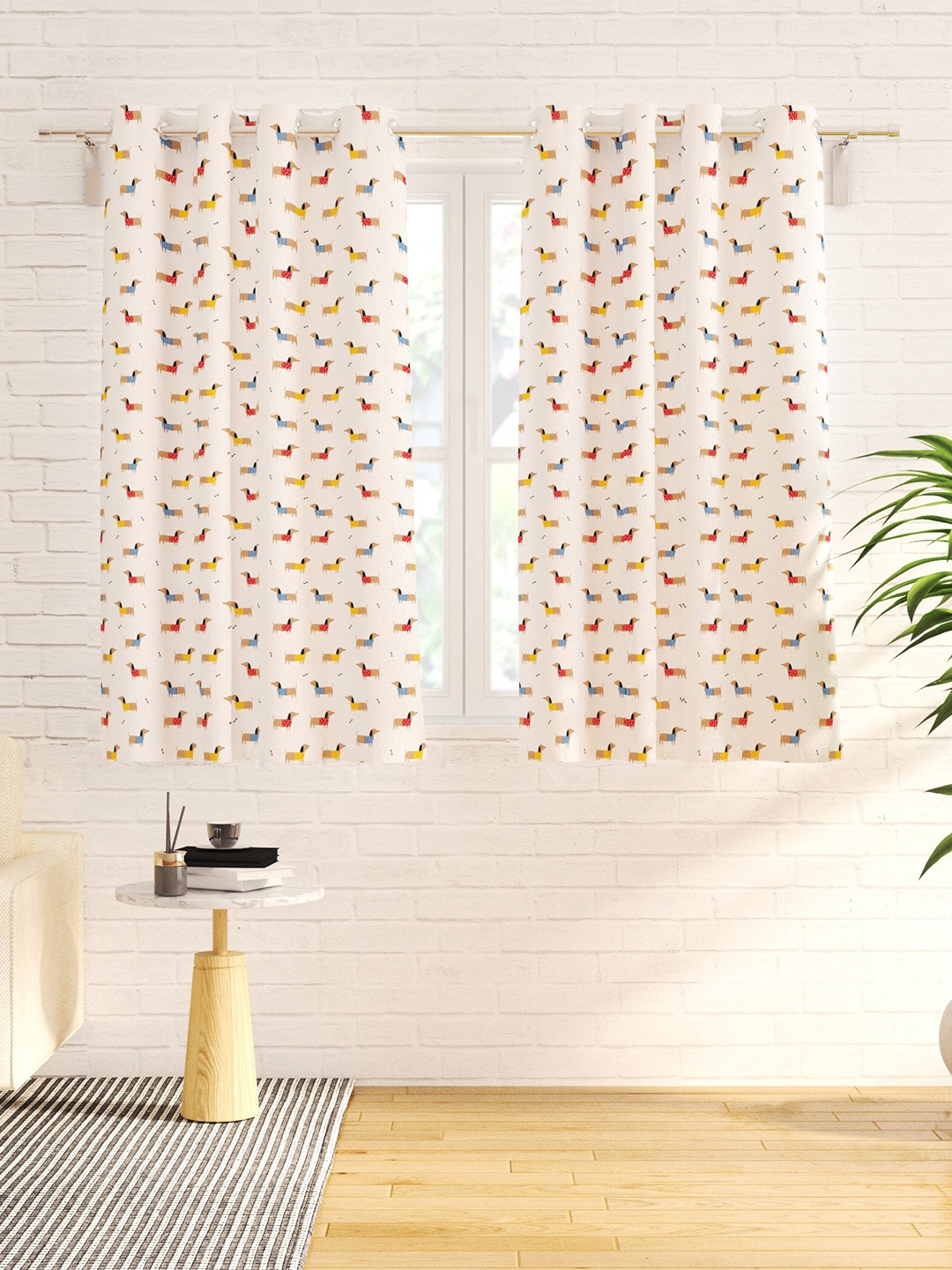 

Home Centre Slate White & Yellow 2 Pieces Quirky Cotton Window Curtains