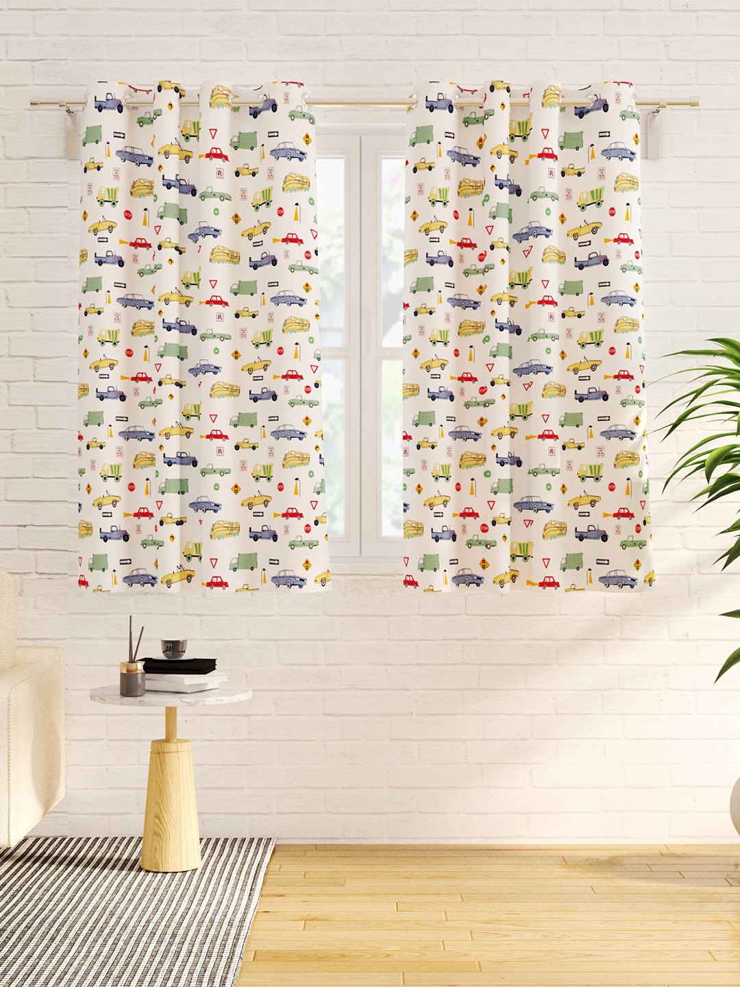 

Home Centre Slate White & Yellow 2 Pieces Quirky Cotton Window Curtains