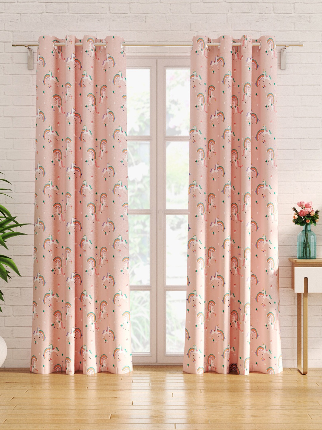 

Home Centre Slate Pink & White 2 Pieces Quirky Blackout Cotton Door Curtains