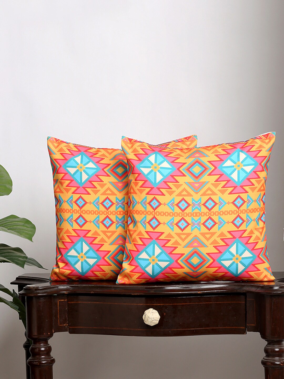Alina decor Yellow & Pink 2 Pieces Ethnic Motifs Square Cushion Covers