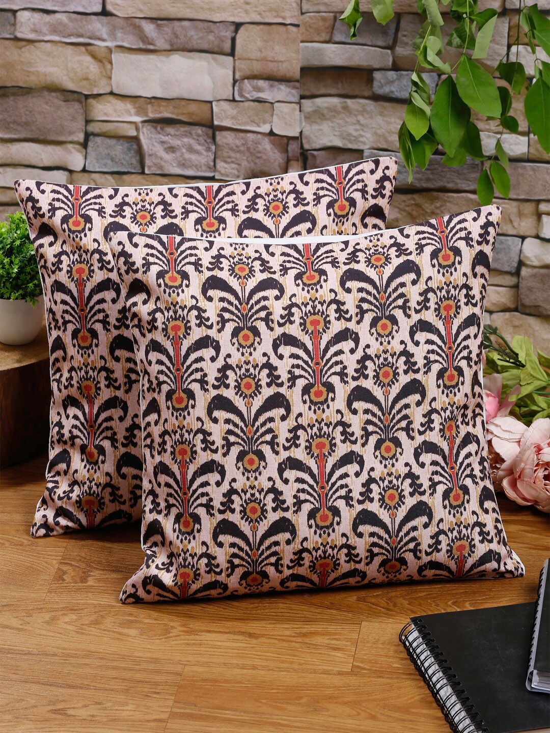 

Alina decor Beige & Black 2 Pieces Ethnic Motifs Printed Square Cushion Covers