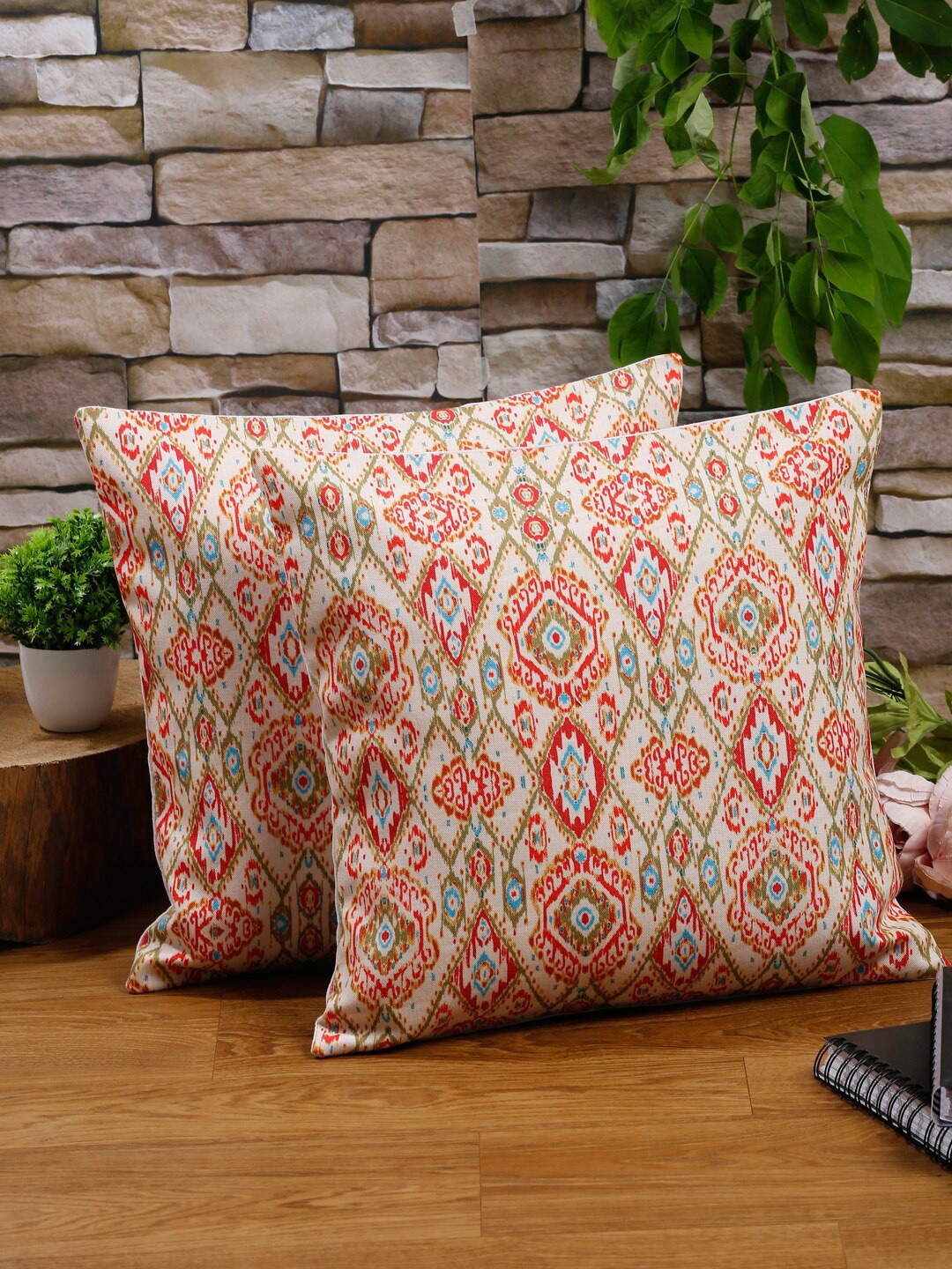 

Alina decor Beige & Green 2 Pieces Ethnic Motifs Square Cushion Covers