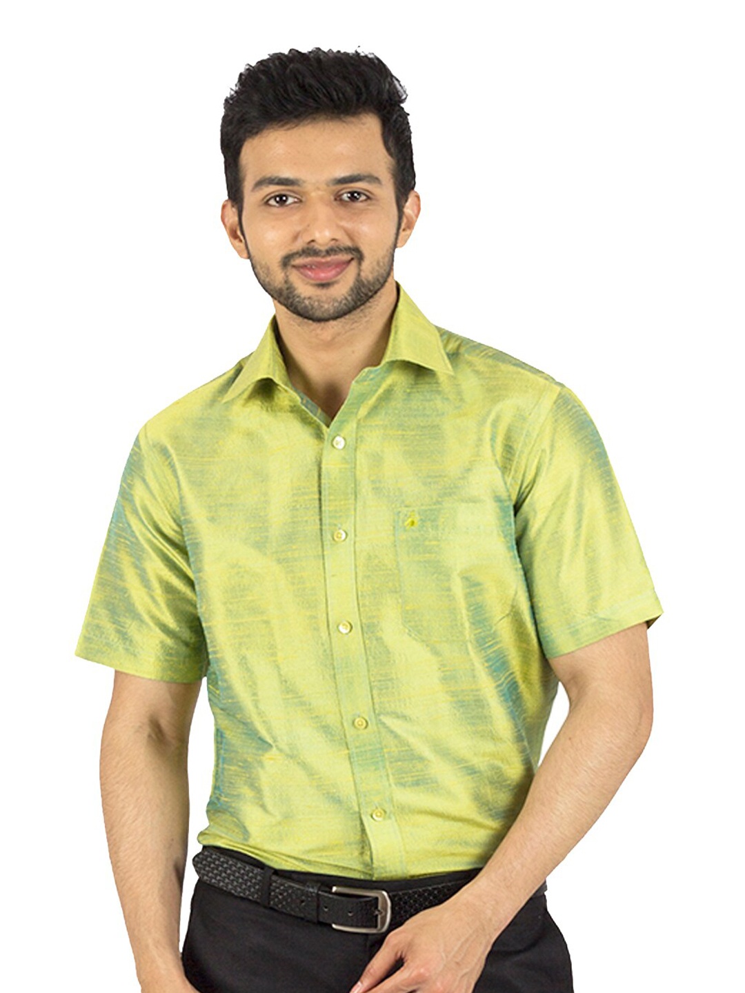 

Khoday Williams Spread Collar Classic Pure Silk Casual Shirt, Lime green