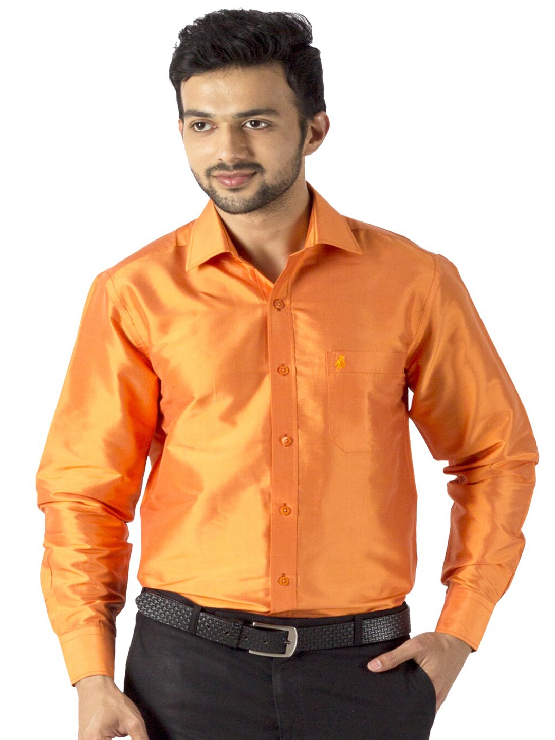 

Khoday Williams Classic Fit Spread Collar Opaque Casual Silk Shirt, Orange