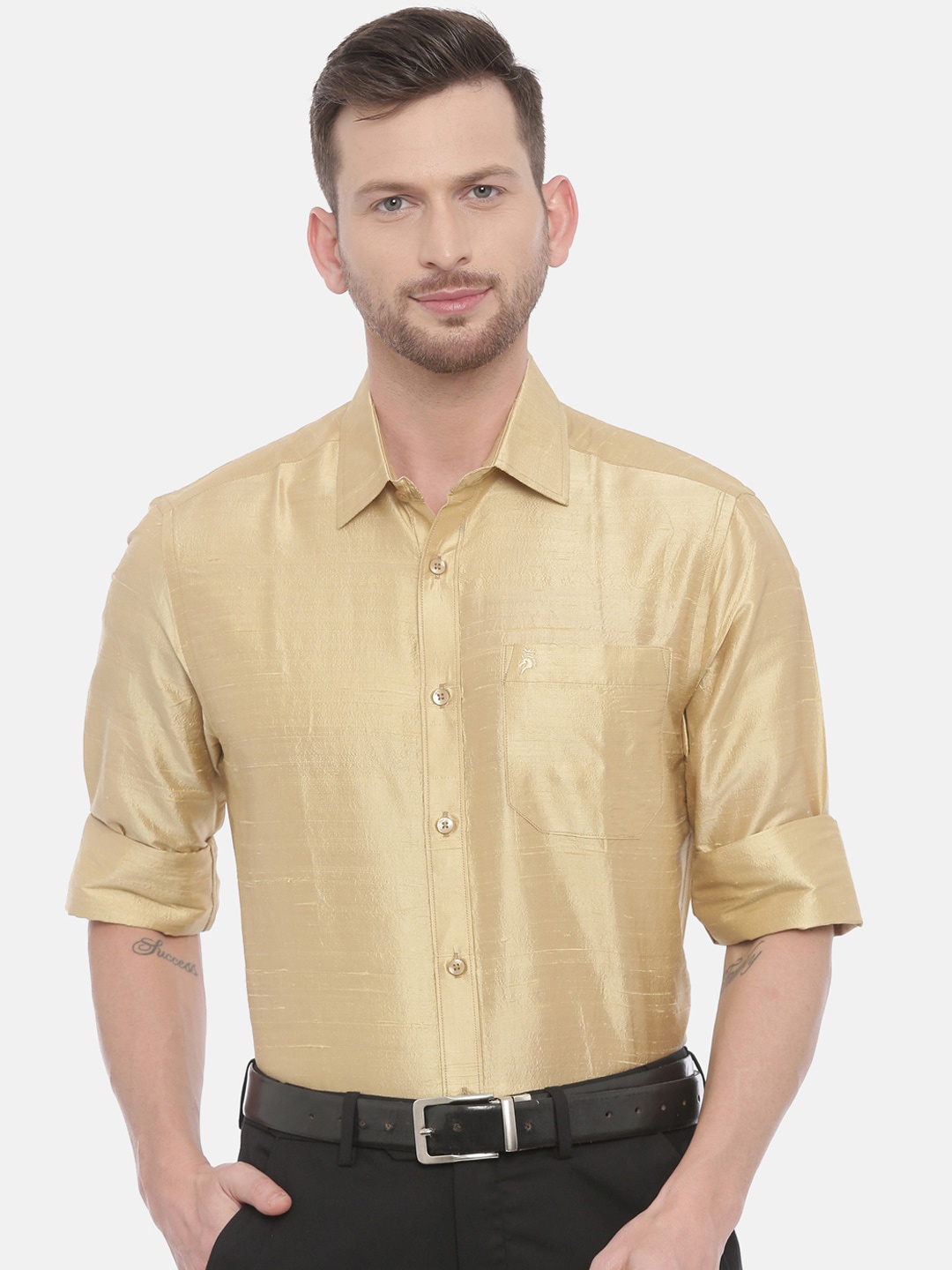 

Khoday Williams Spread Collar Classic Pure Silk Casual Shirt, Gold