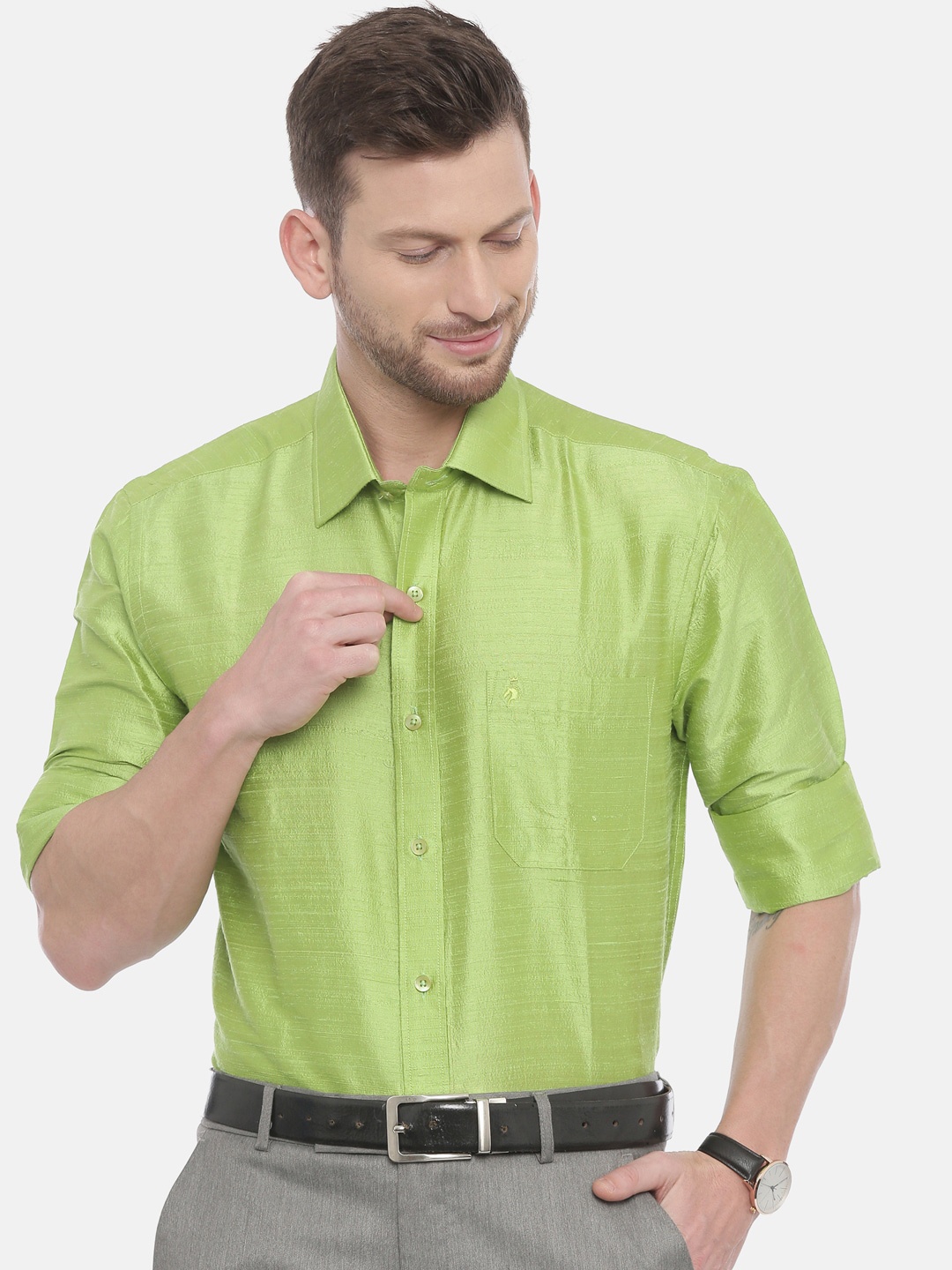 

Khoday Williams Spread Collar Classic Pure Silk Casual Shirt, Green