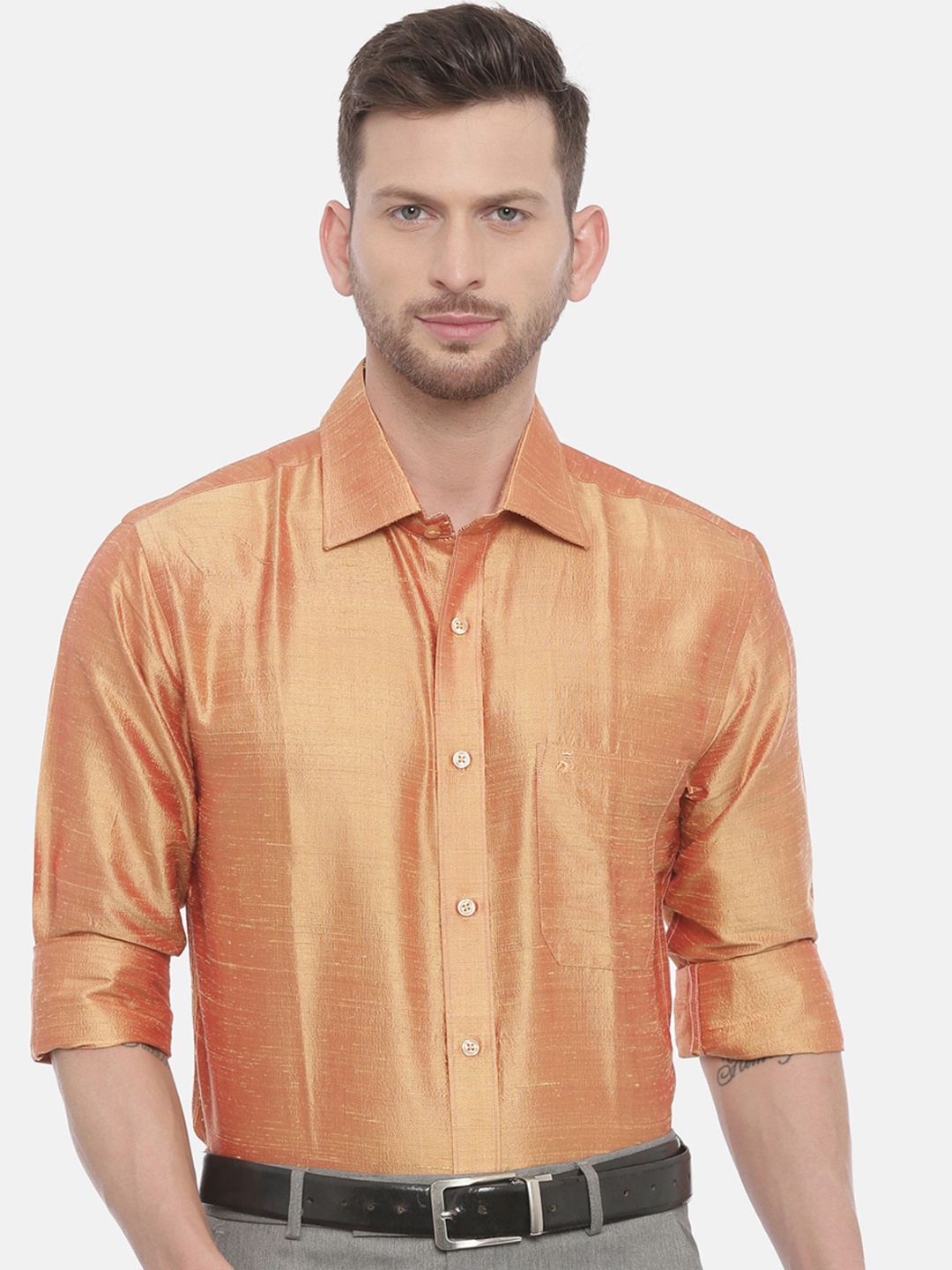 

Khoday Williams Long Sleeves Classic Opaque Silk Casual Shirt, Orange