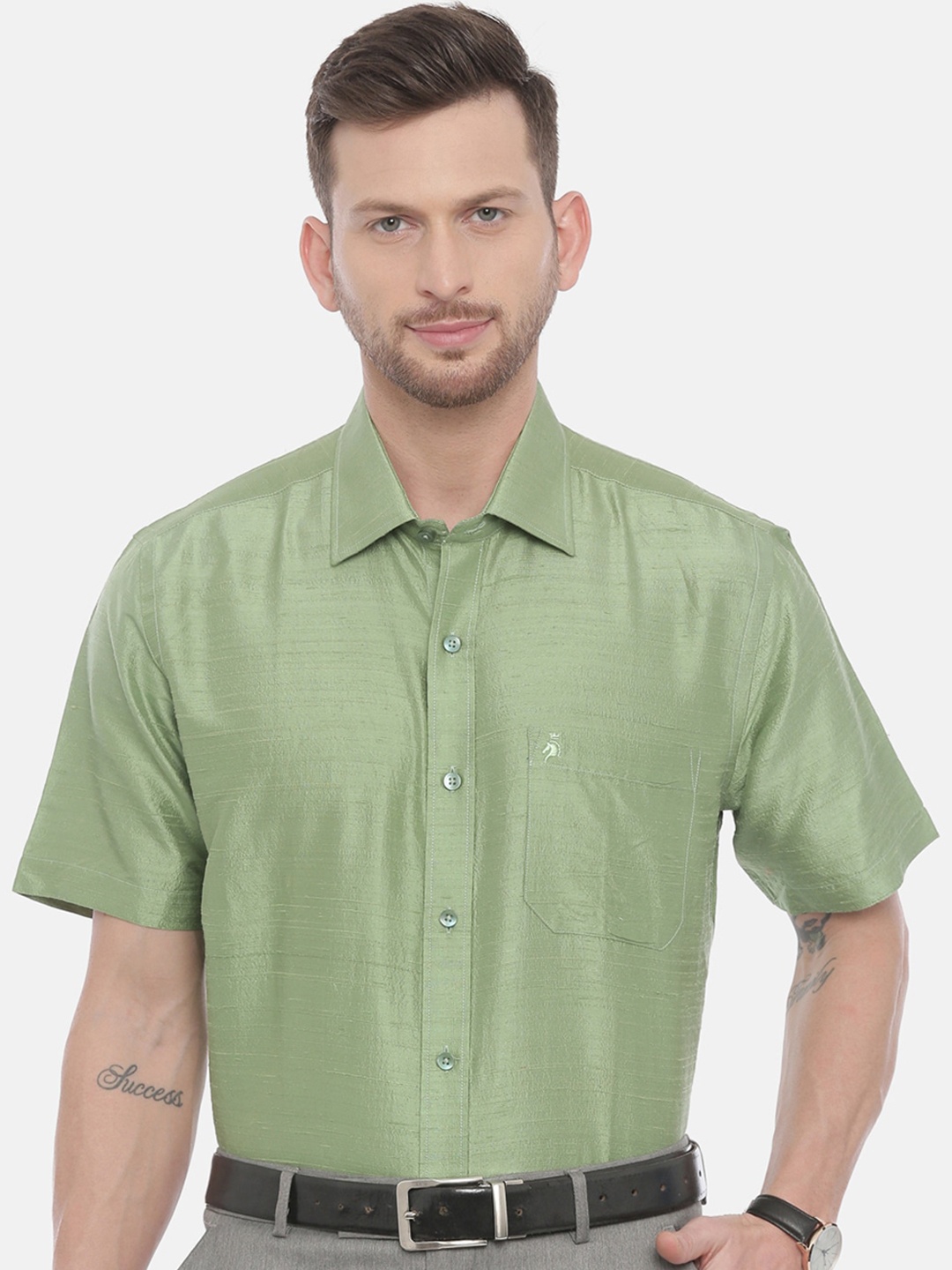 

Khoday Williams Short Sleeves Classic Opaque Silk Casual Shirt, Green