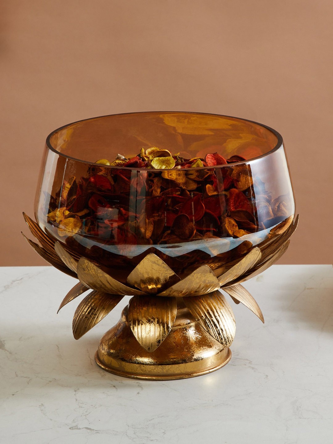 

Home Centre Rylee Brown Glass Decorative Bowl With Lotus Stand
