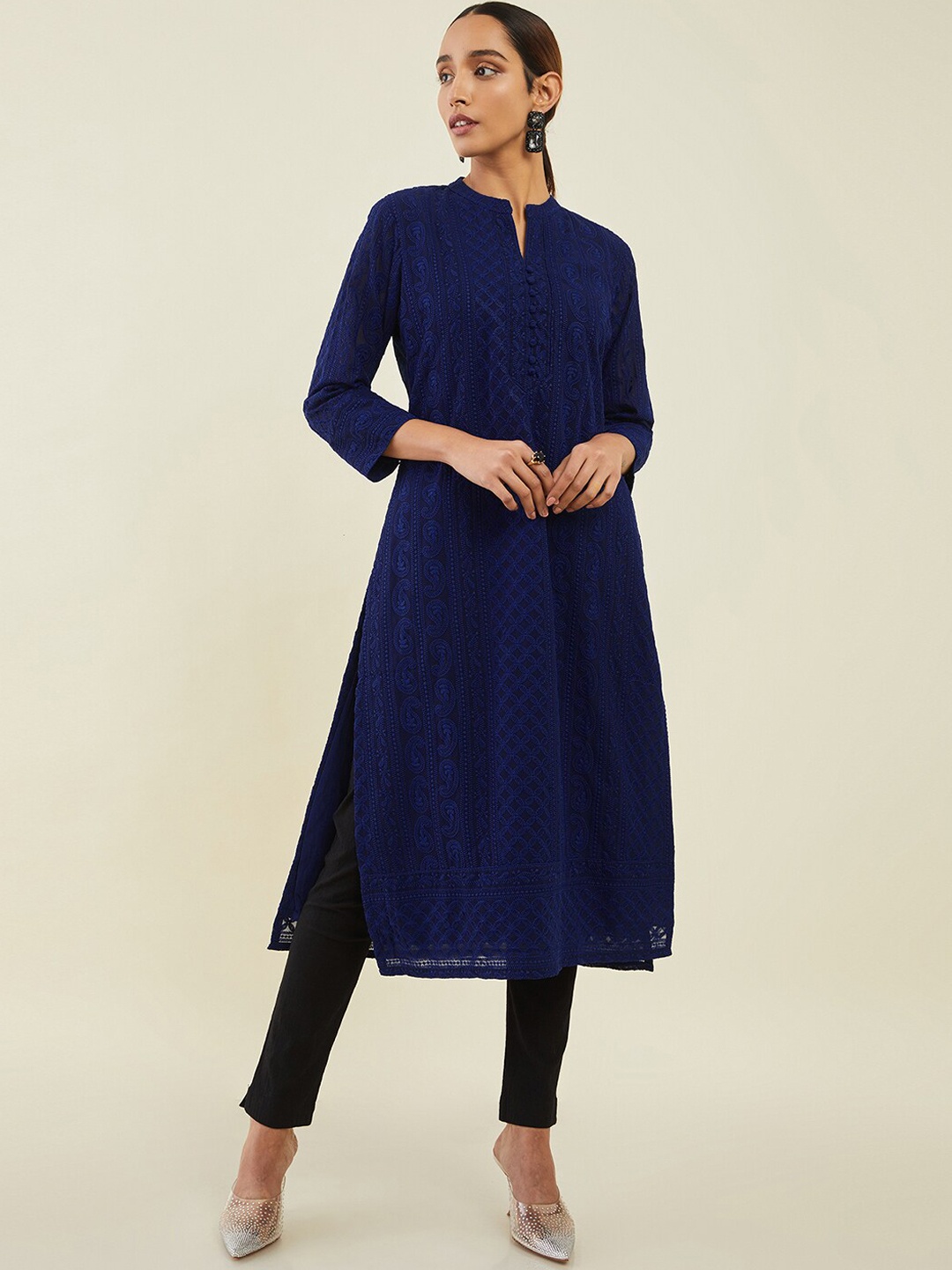 

Soch Navy Blue Ethnic Motifs Embroidered Mandarin Collar Georgette Kurta