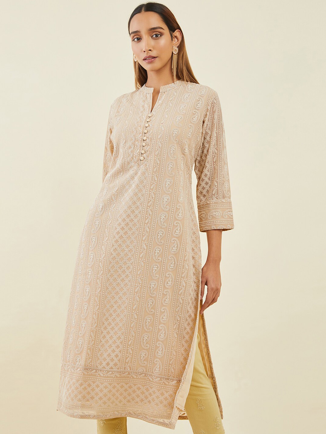 

Soch Beige Ethnic Motifs Embroidered Mandarin Collar Georgette Kurta