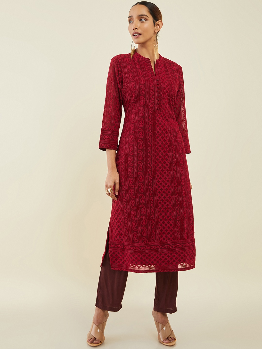 

Soch Maroon Ethnic Motifs Embroidered Mandarin Collar Georgette Kurta