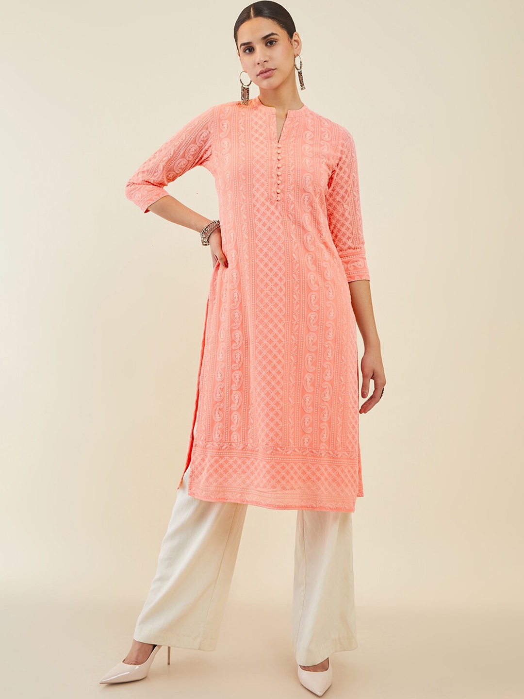 

Soch Peach-Coloured Ethnic Motifs Embroidered Mandarin Collar Georgette Kurta