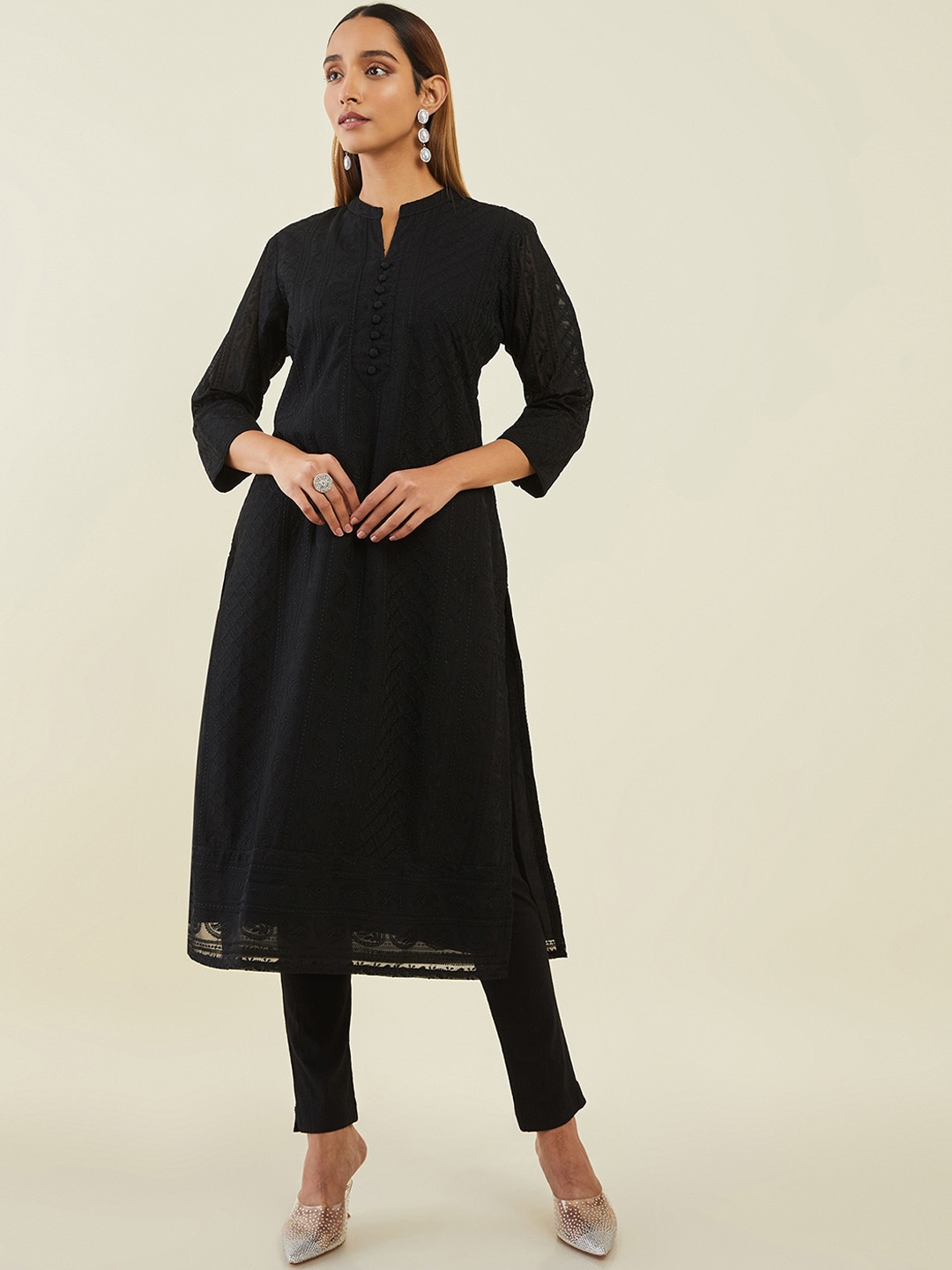 

Soch Black Ethnic Motifs Embroidered Mandarin Collar Georgette Kurta