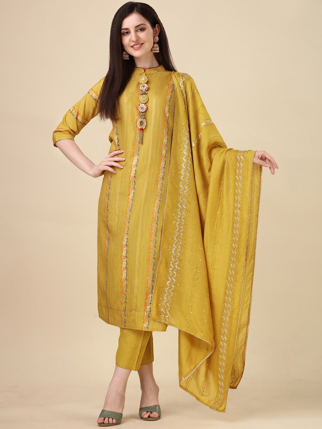 

Berrylicious Floral Woven Design Chanderi Cotton Kurta with Trousers & Dupatta, Mustard