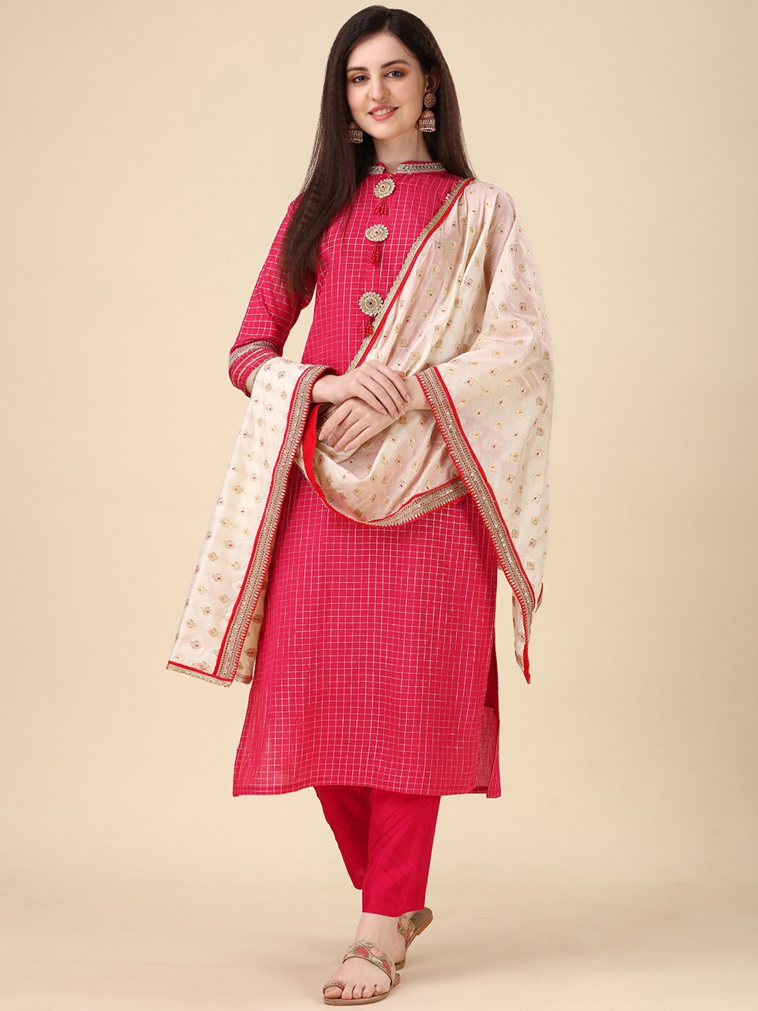 

Berrylicious Checked Gotta Patti Chanderi Cotton Kurta with Trousers & Dupatta, Pink