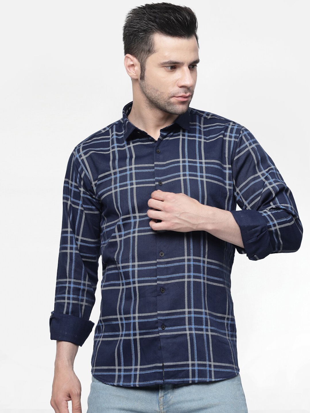 

allan peter Classic Windowpane Checked Cotton Casual Shirt, Navy blue