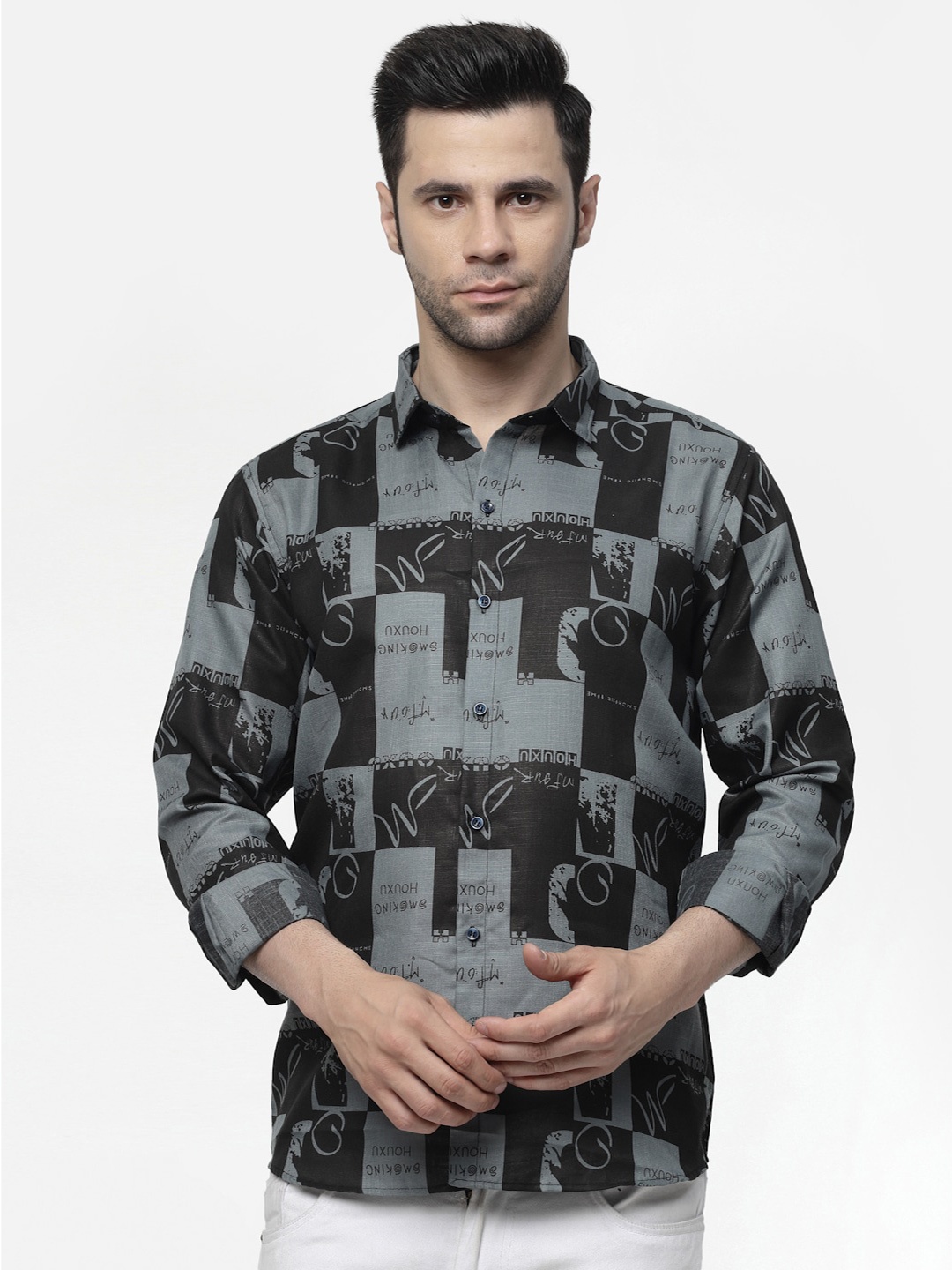 

allan peter Classic Typography Printed Cotton Casual Shirt, Grey
