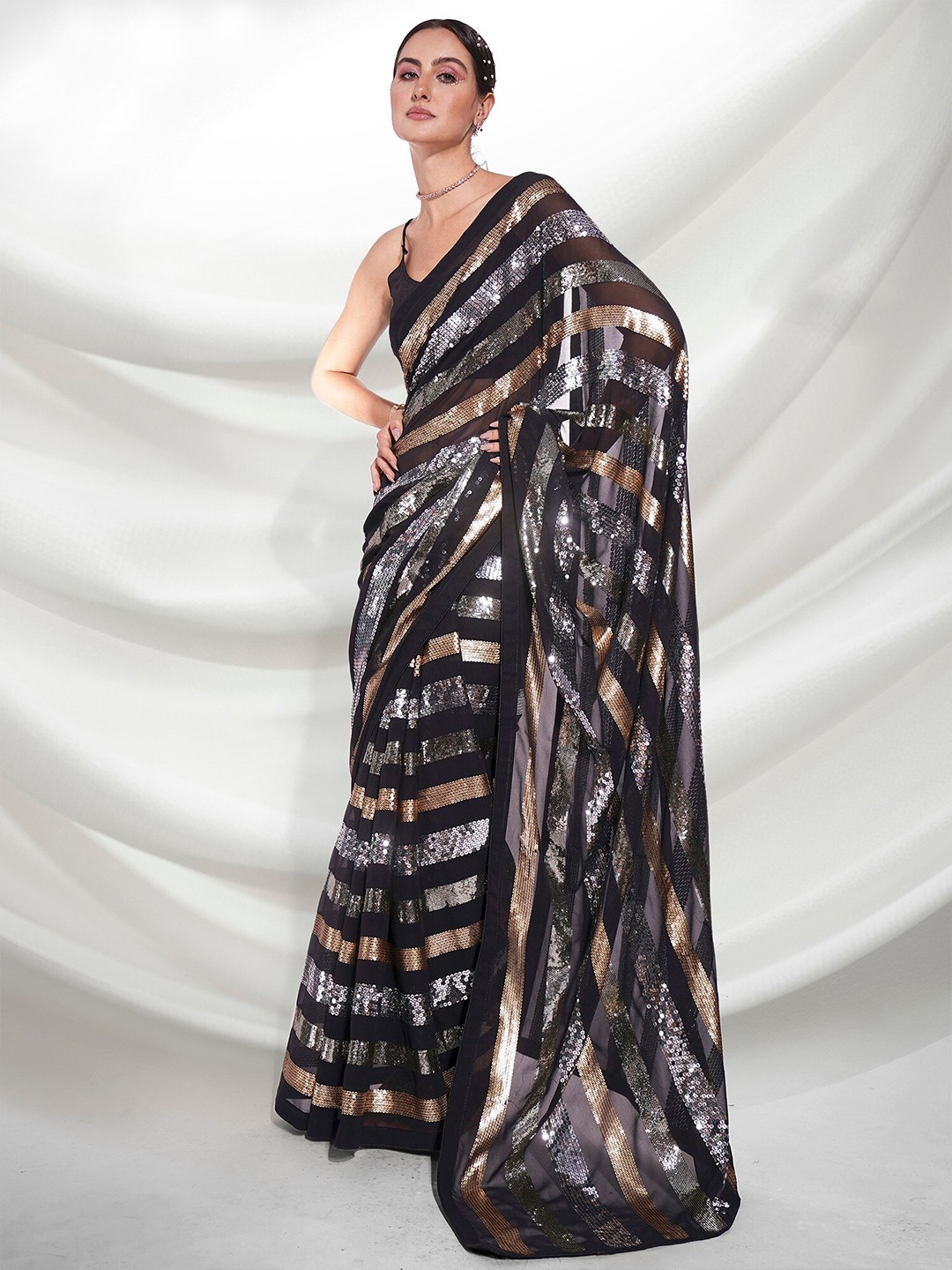 

Mitera Black & Gold-Toned Striped Sequinned Pure Georgette Saree