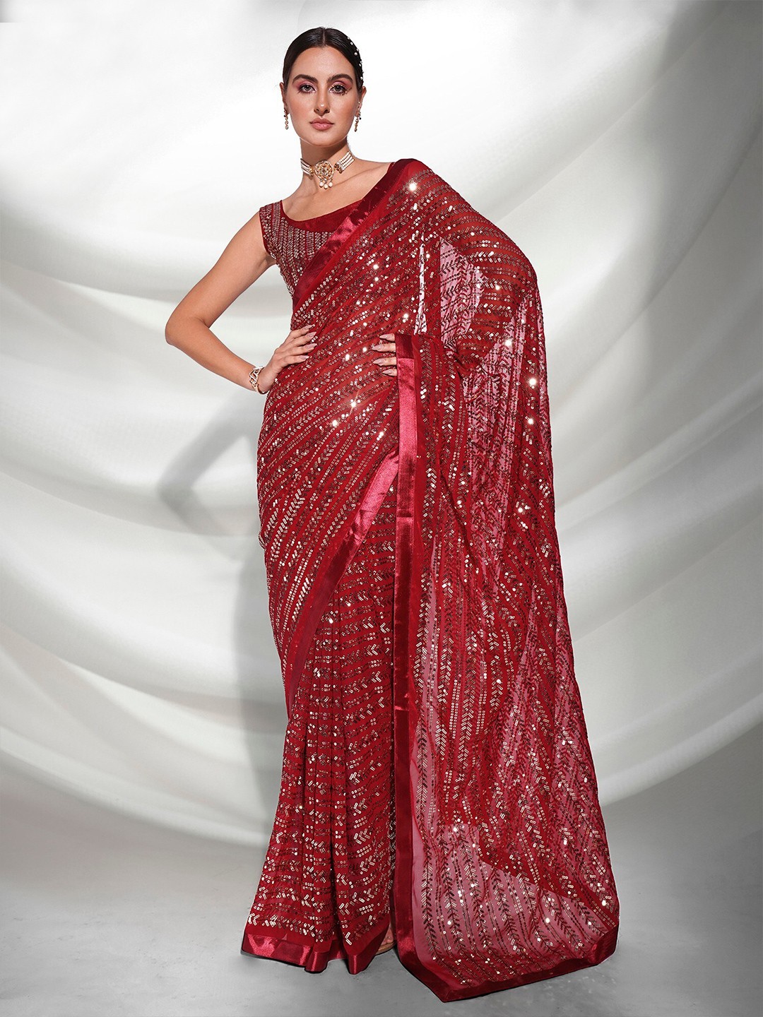 

Mitera Red & Silver-Toned Embellished Sequinned Pure Georgette Saree