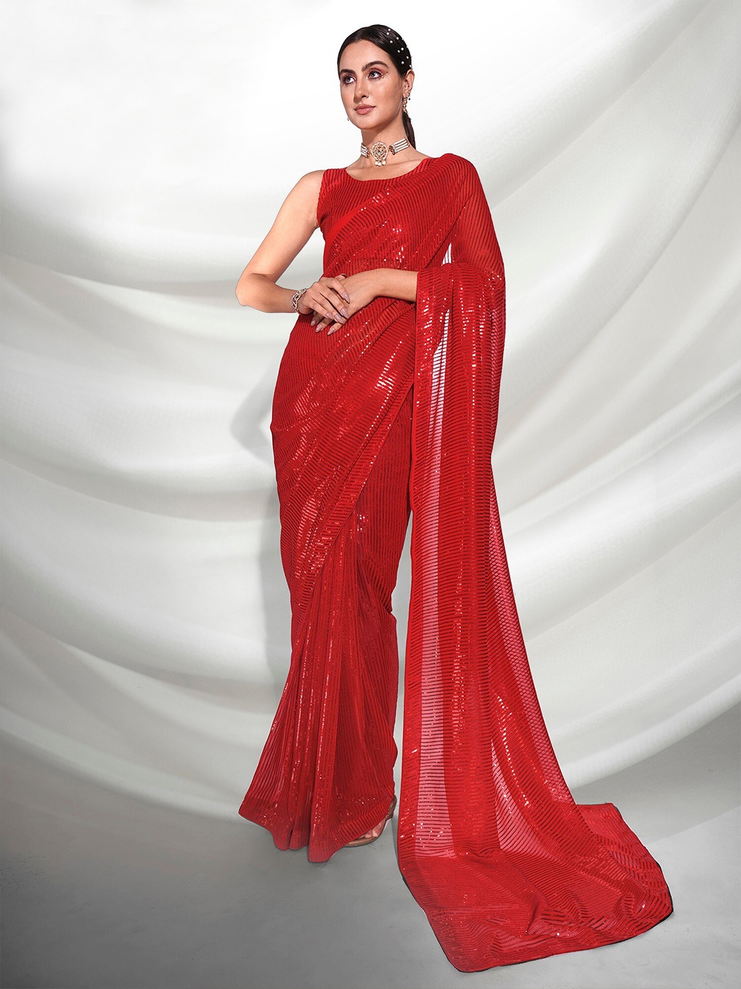 

Mitera Red Embellished Sequinned Pure Georgette Saree