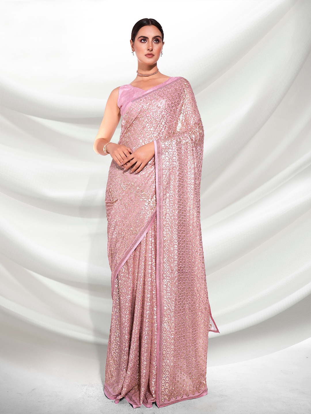 

Mitera Pink & Gold-Toned Embellished Sequinned Pure Georgette Saree