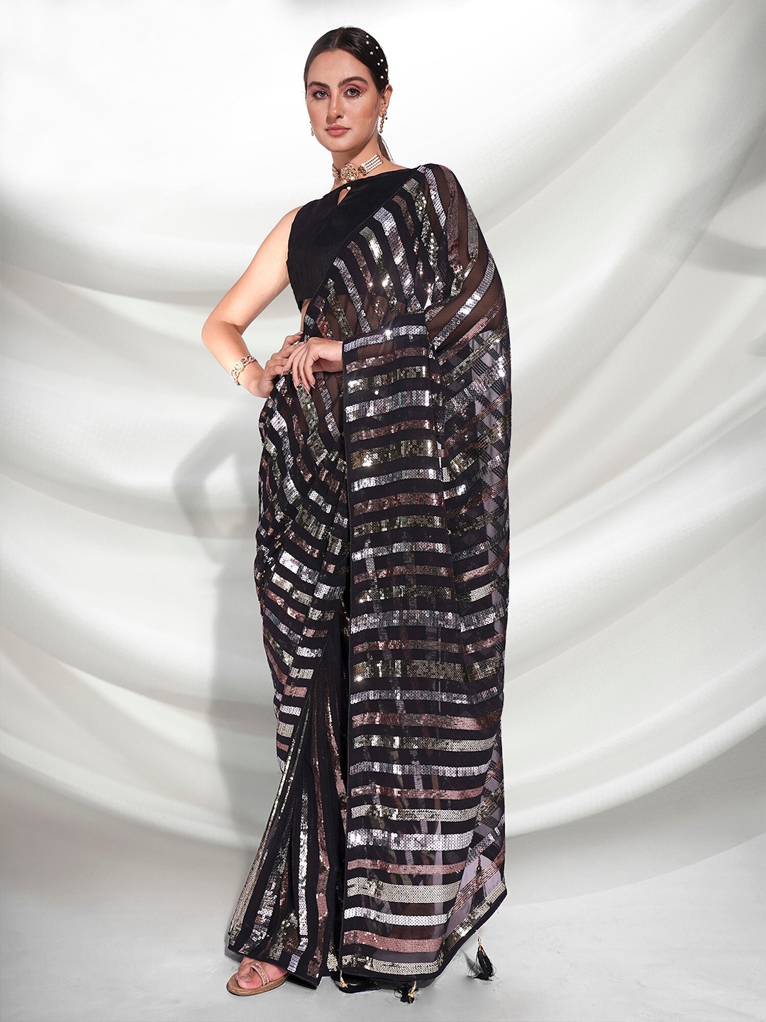 

Mitera Black & Gold-Toned Striped Sequinned Pure Georgette Saree