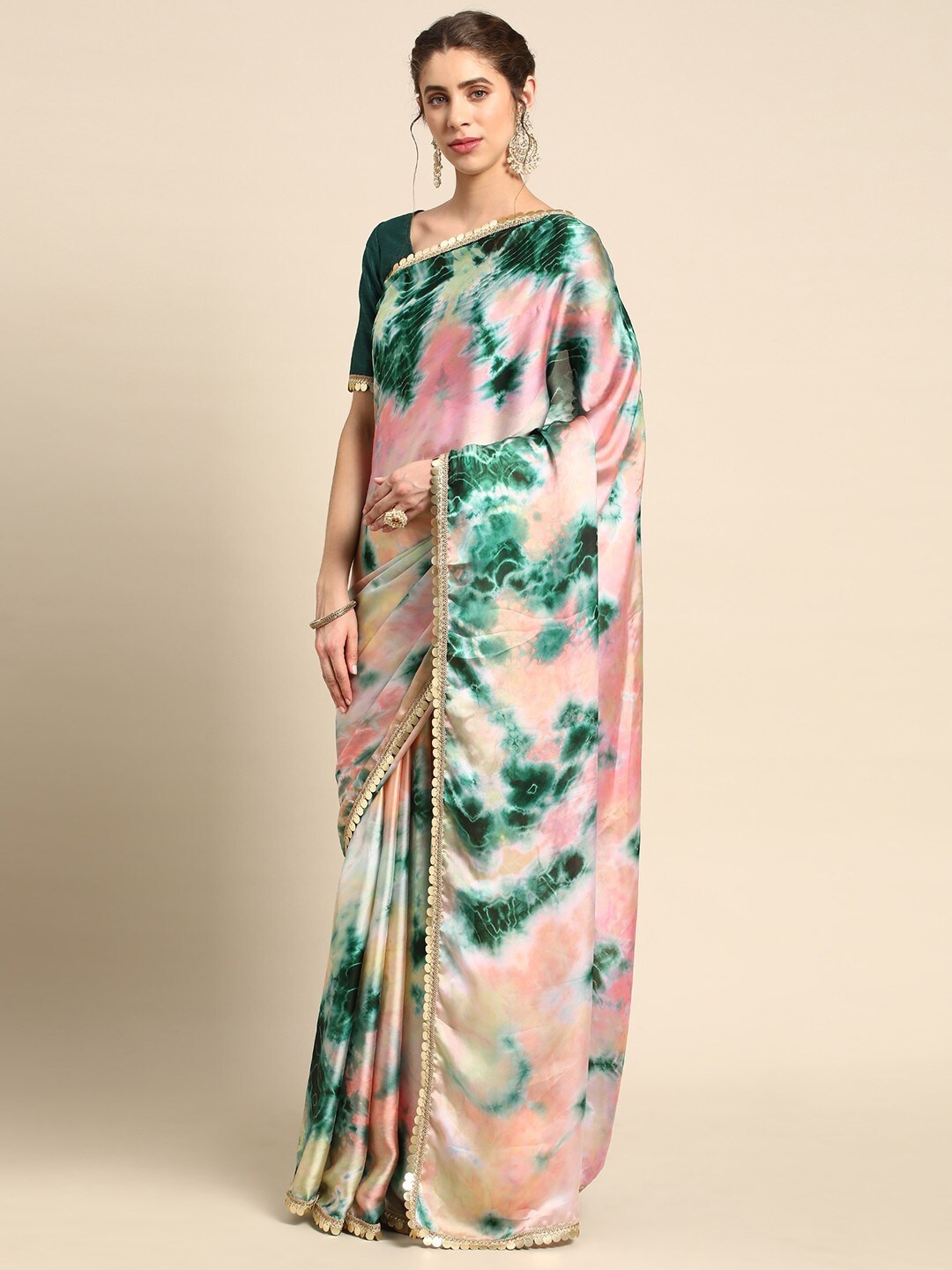 

Mitera Green & Pink Abstract Dyed Gotta Patti Satin Saree