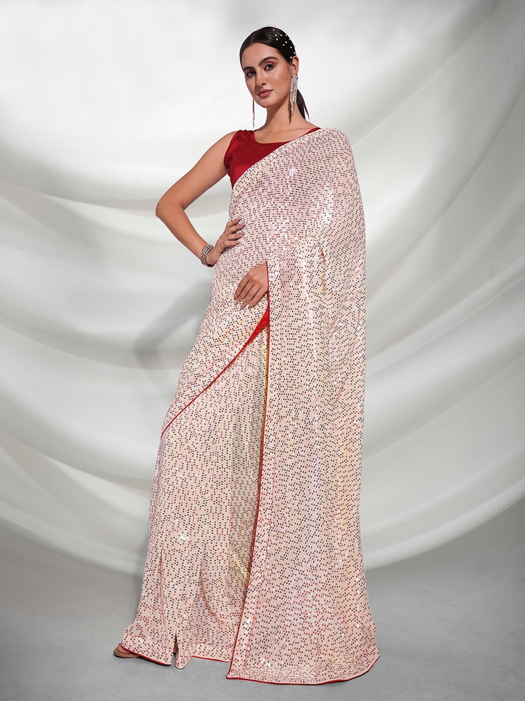 

Mitera White & Red Sequinned Pure Georgette Saree