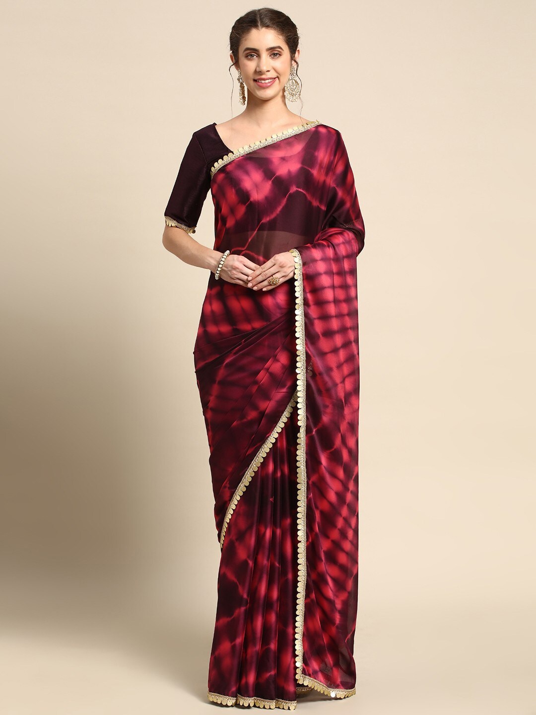 

Mitera Maroon & Gold-Toned Abstract Dyed Gotta Patti Satin Saree