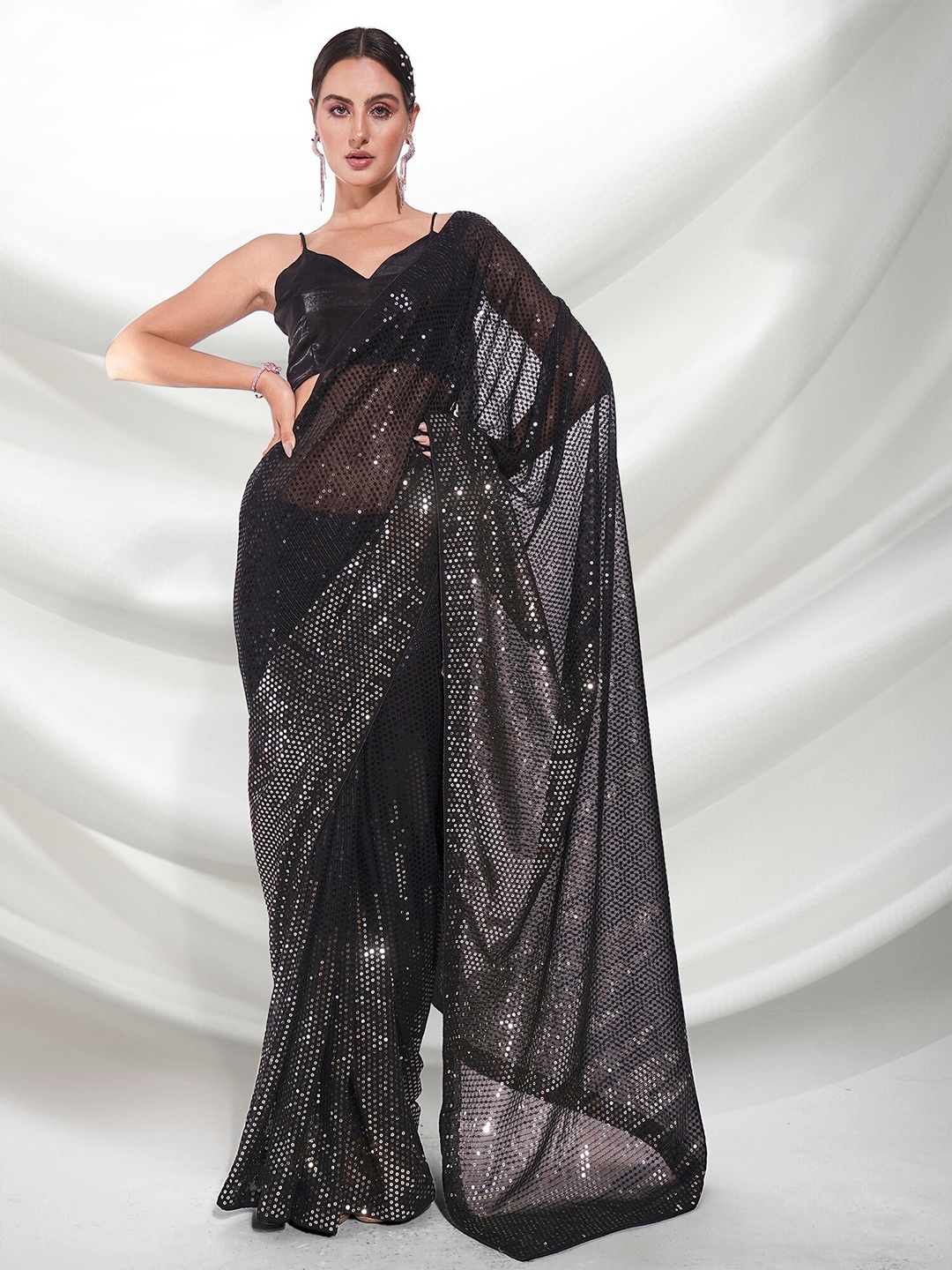 

Mitera Black Embellished Sequinned Pure Georgette Saree