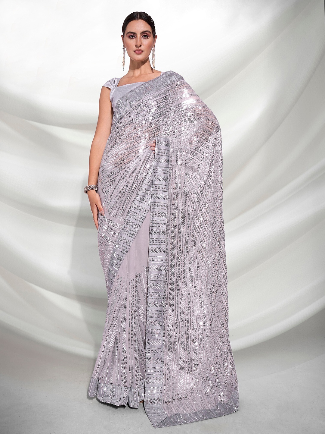 

Mitera Grey Embellished Sequinned Pure Georgette Saree