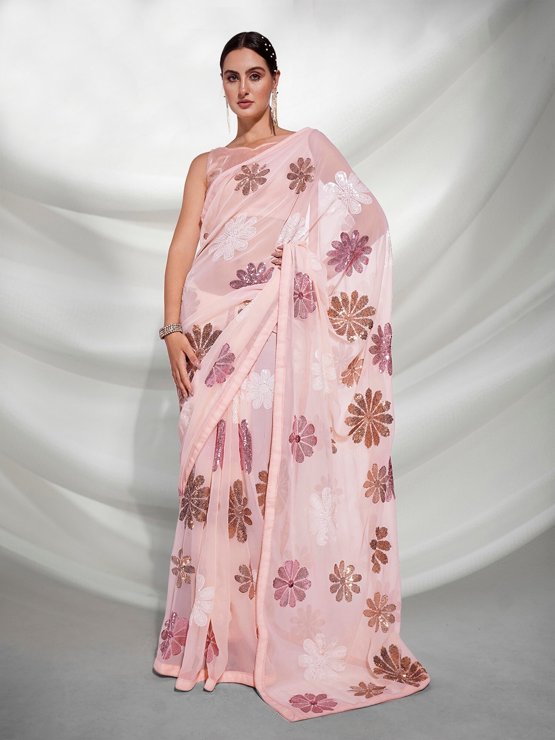 

Mitera Floral Sequinned Pure Georgette Saree, Peach