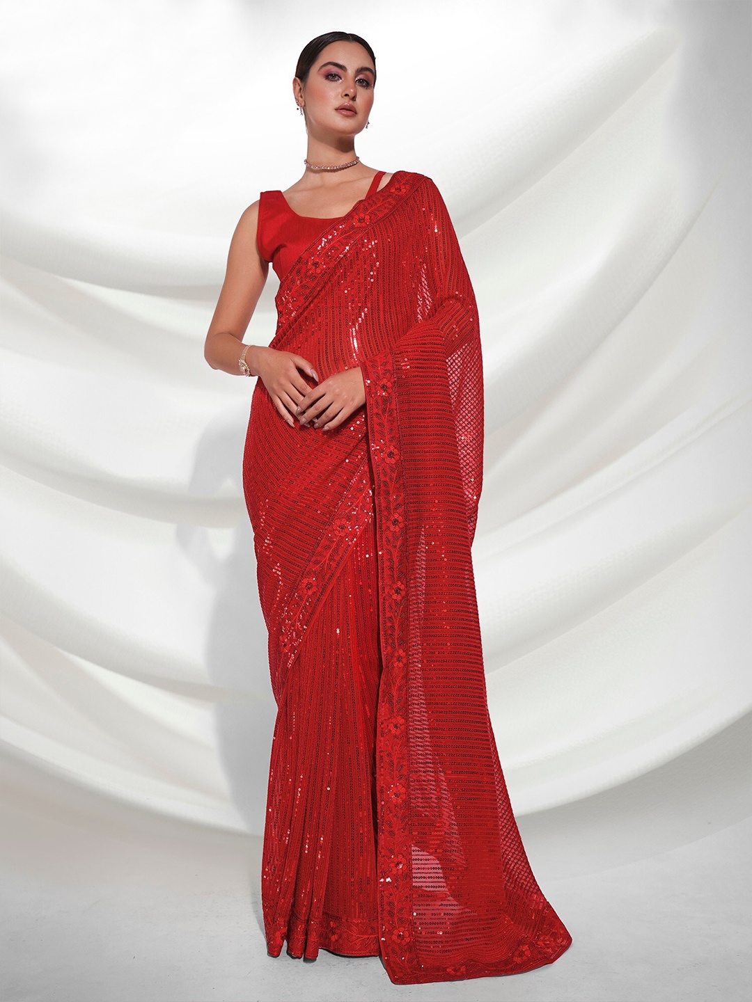 

Mitera Red Embellished Sequinned Pure Georgette Saree
