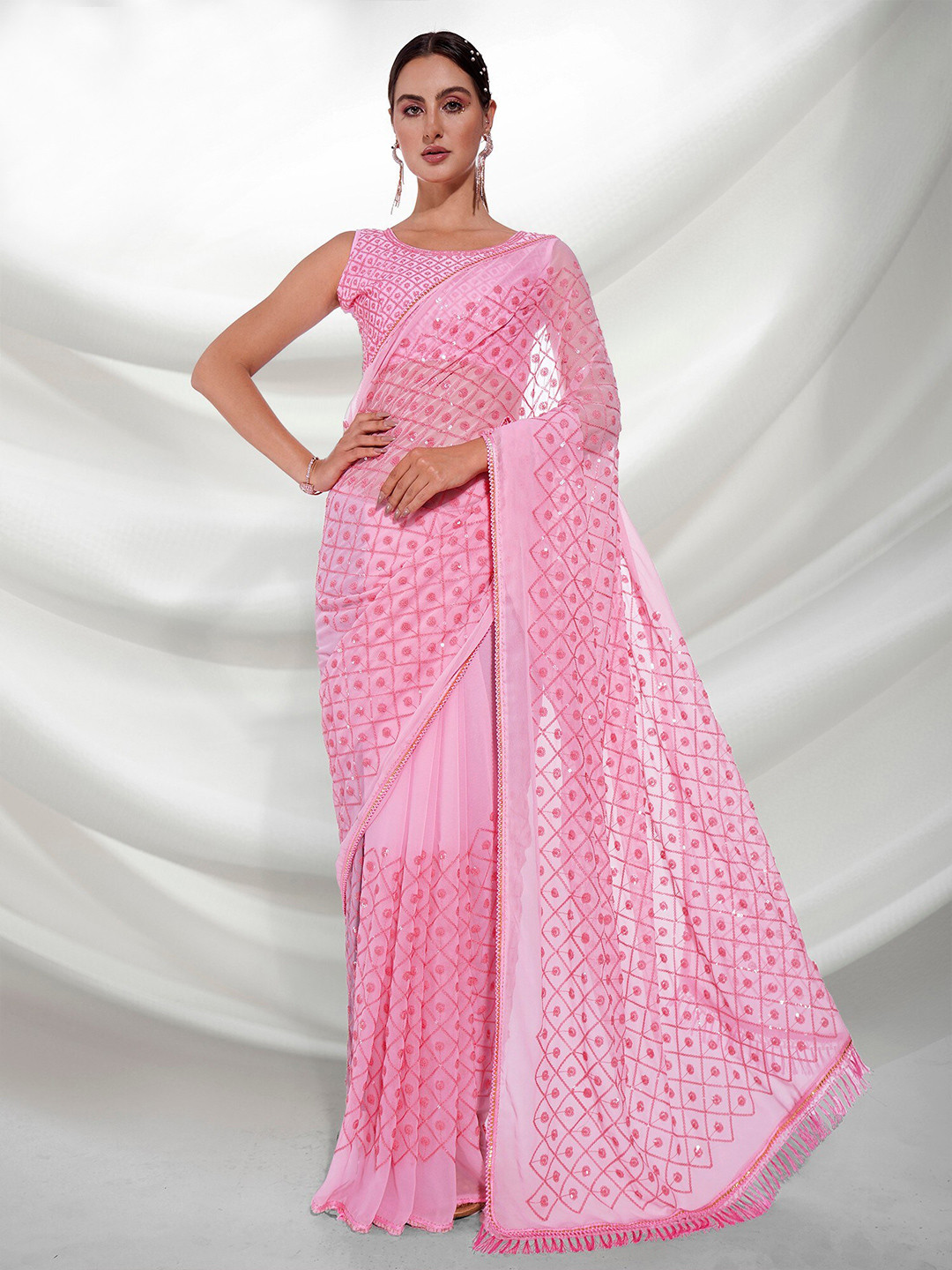 

Mitera Pink Embellished Sequinned Pure Georgette Saree