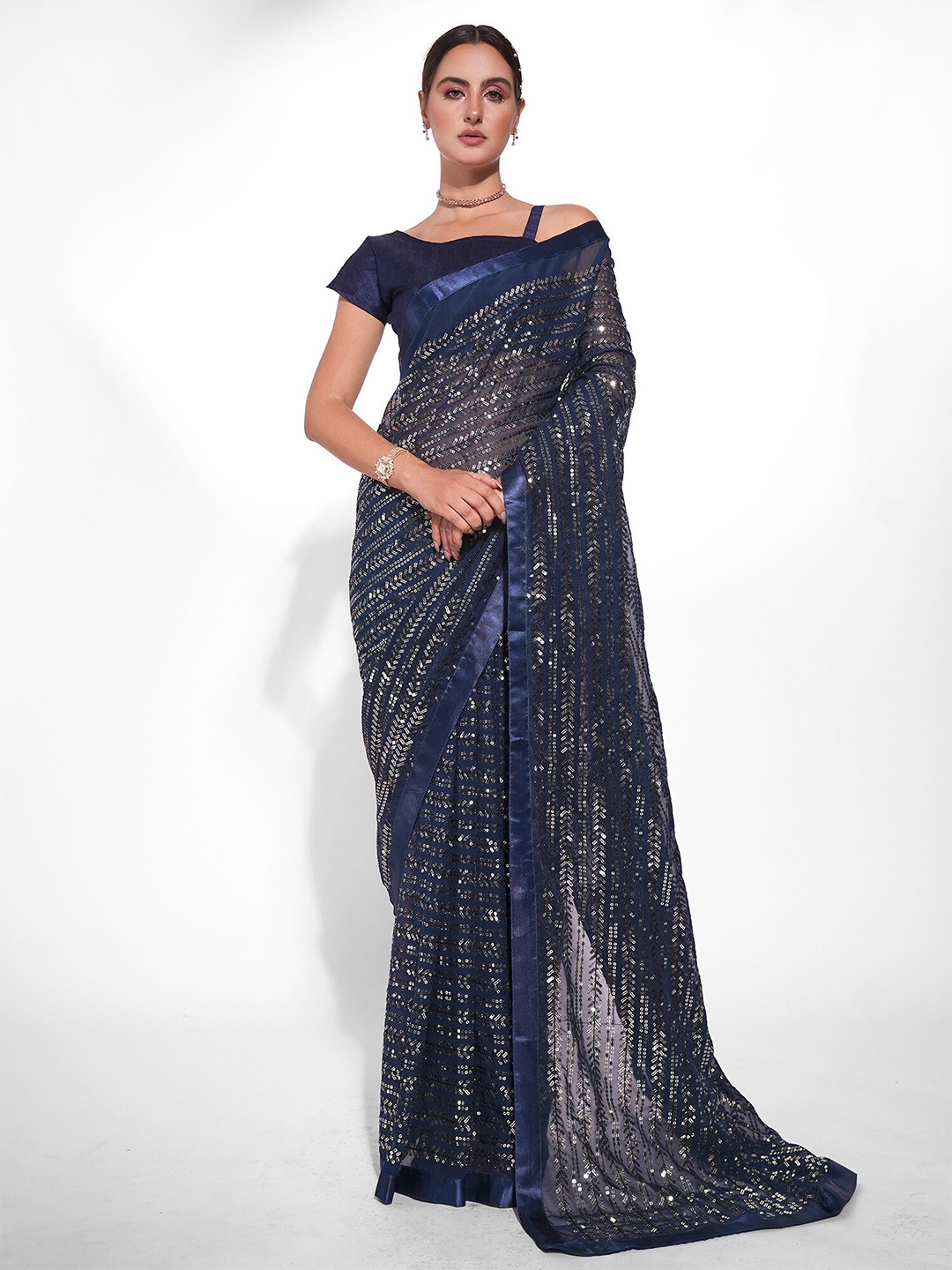 

Mitera Navy Blue Embellished Sequinned Pure Georgette Saree