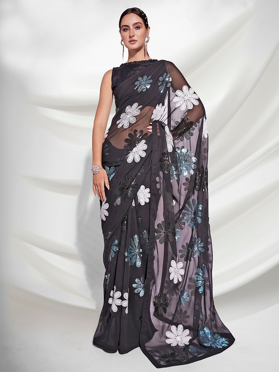 

Mitera Floral Sequinned Pure Georgette Saree, Black