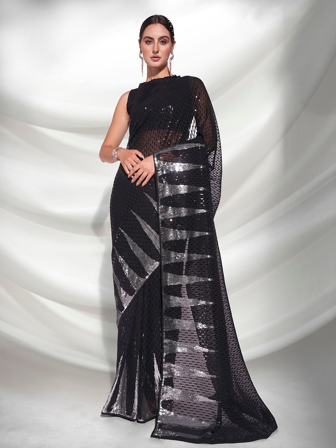 

Mitera Black & Silver-Toned Embellished Sequinned Pure Georgette Saree