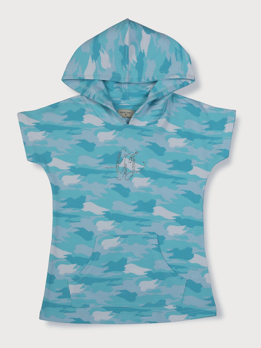 

Gini and Jony Girls Printed Hooded Extended Sleeves Cotton T-Shirt, Blue
