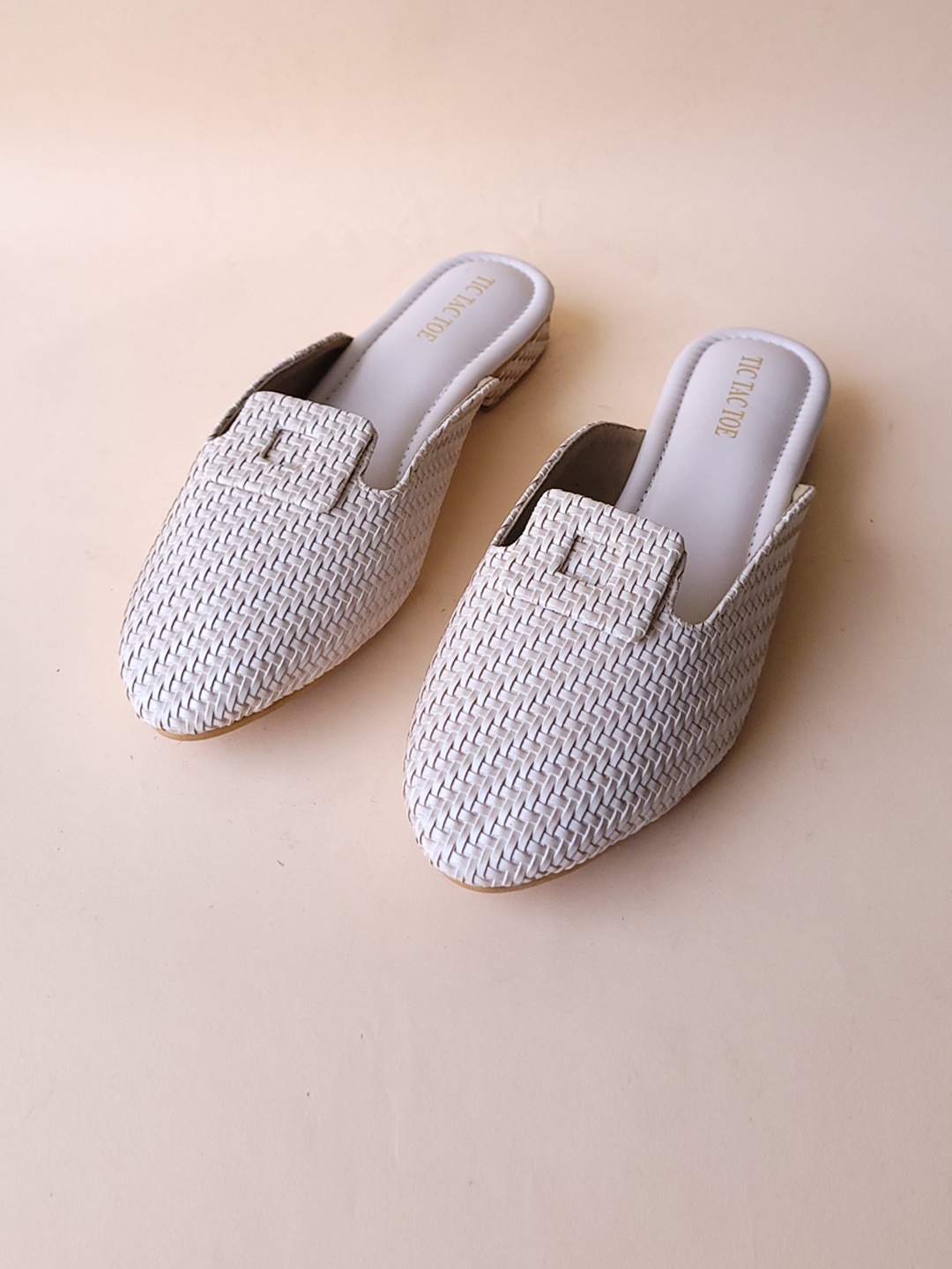 

TIC TAC TOE Women Leather Woven Design Mules, Beige