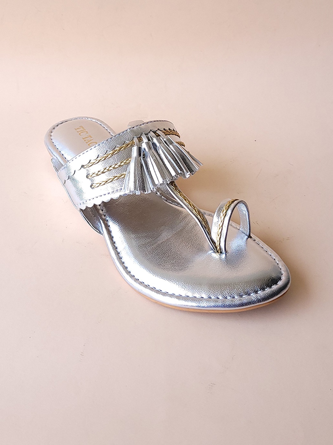 

TIC TAC TOE Women Leather Open One Toe Flats With Tassels, Silver