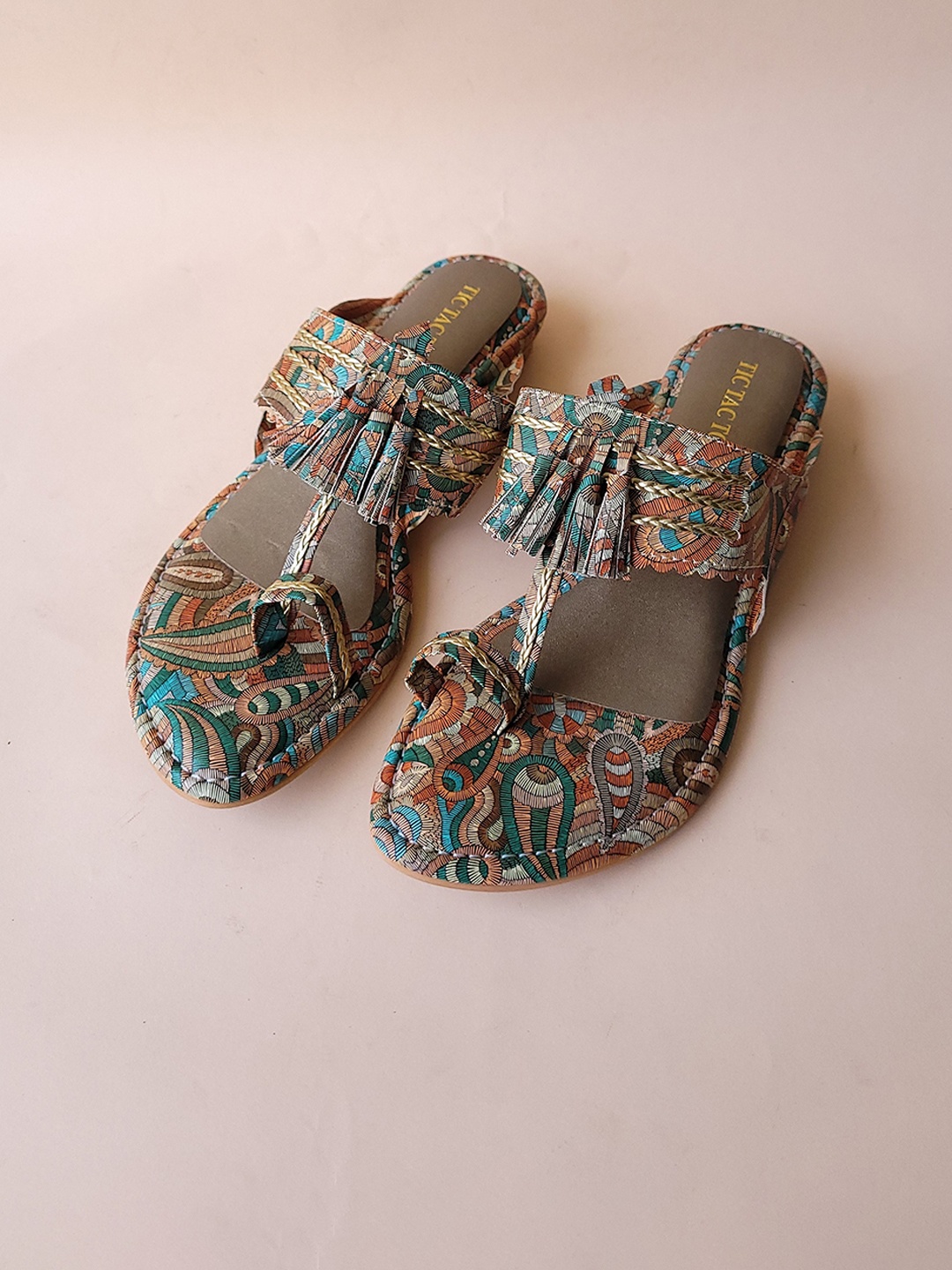 

TIC TAC TOE Printed Leather Open One Toe Flats With Tassels, Tan