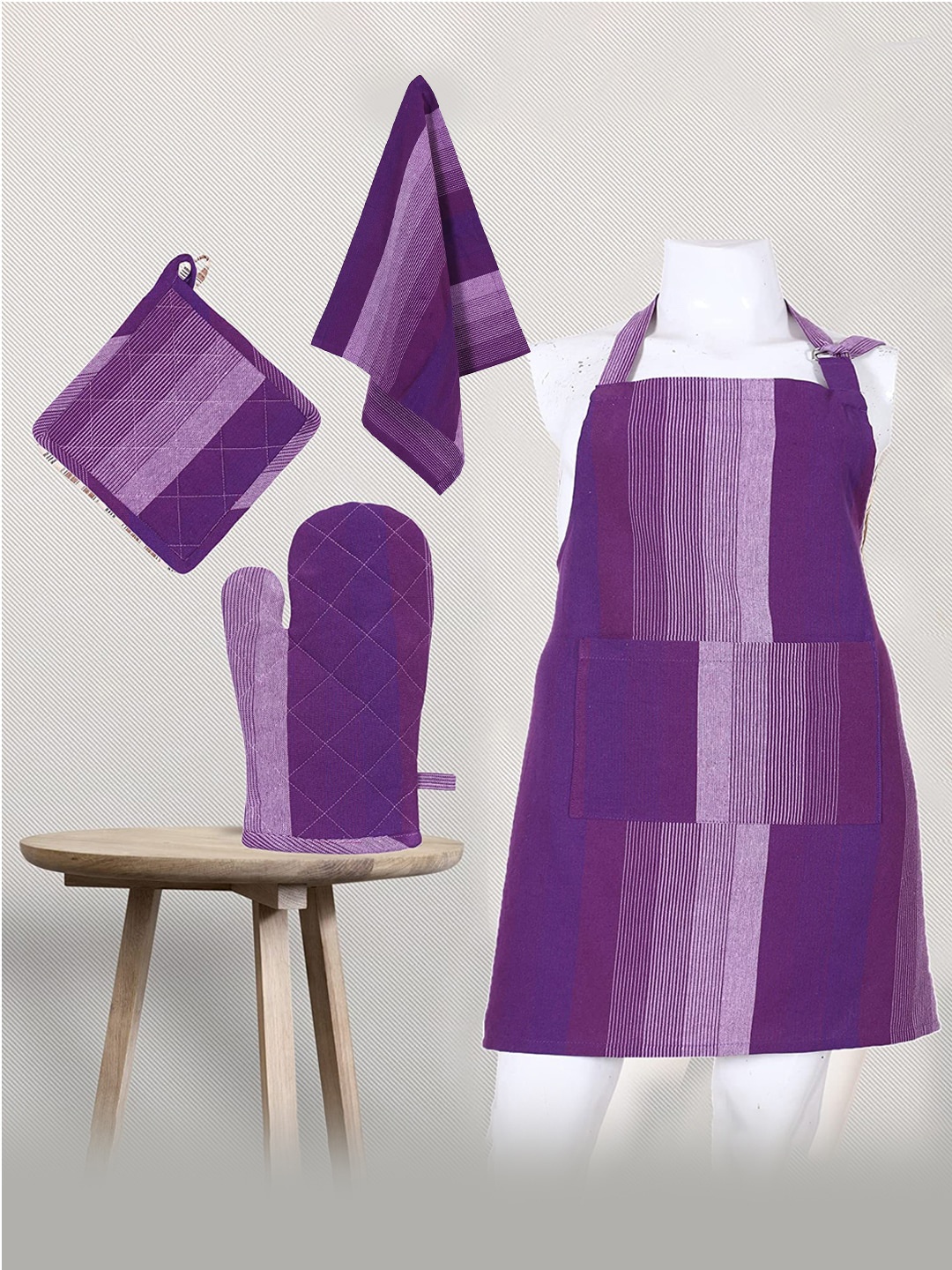 

Kuber Industries Purple 4 Pieces Striped Cotton Heat Protection Apron Set