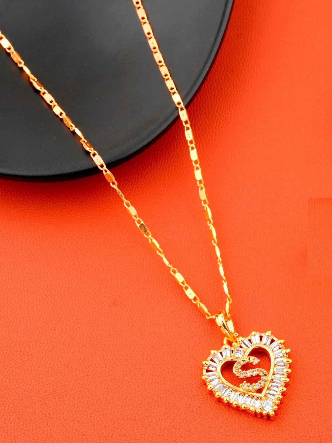 

JEWEL WORLD Gold-Plated S Letter Stone Studded Heart Shaped Necklace