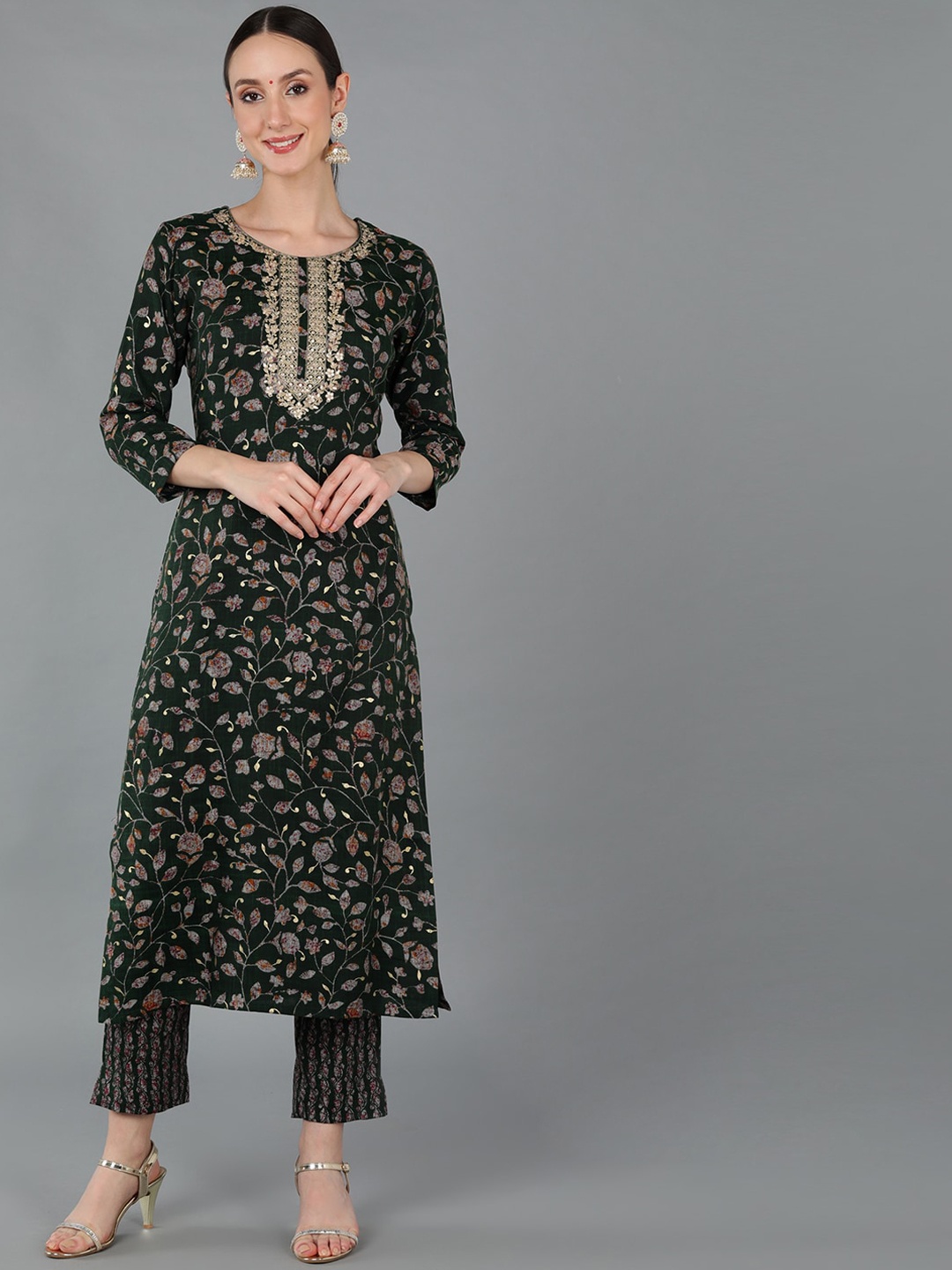 

AHIKA Green & Grey Floral Printe Gotta Patti Kurta