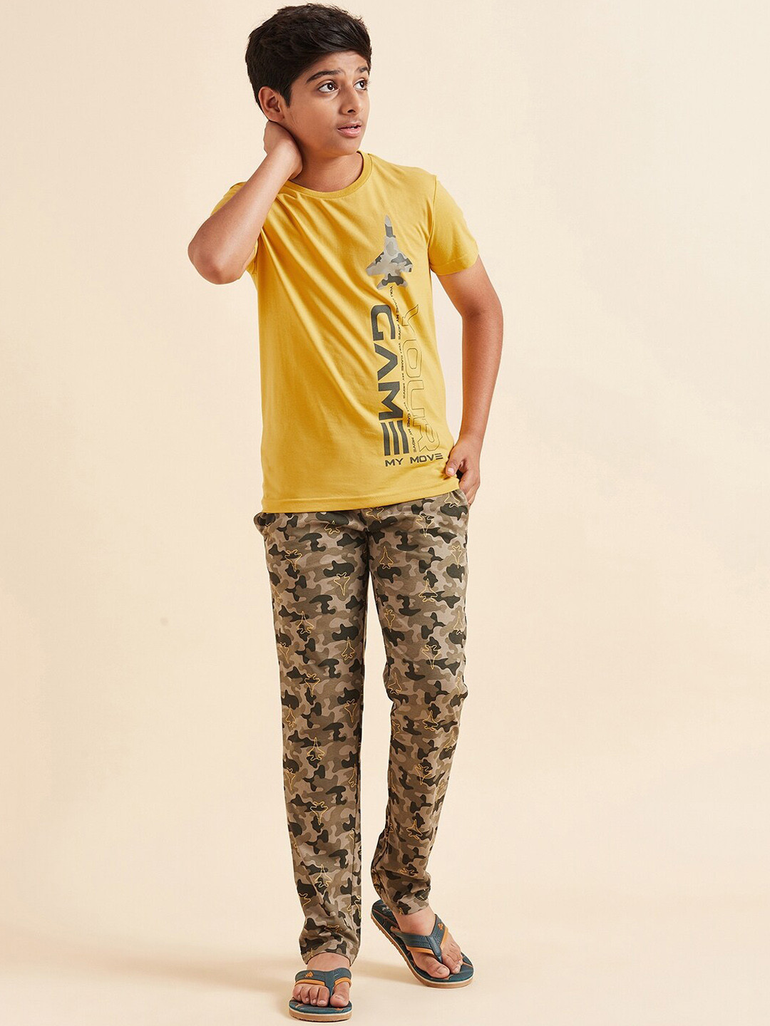 

Sweet Dreams Boys Mustard Yellow & Green Printed Pure Cotton Night suit