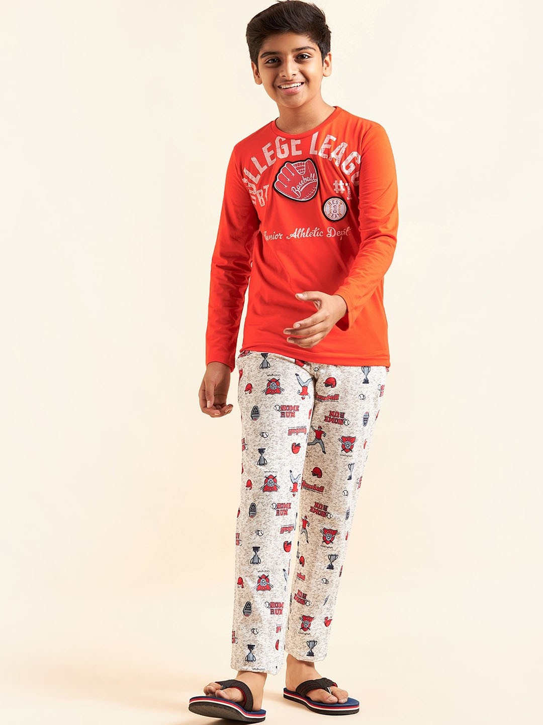 

Sweet Dreams Boys Orange & Grey Typography Printed Pure Cotton Night Suit