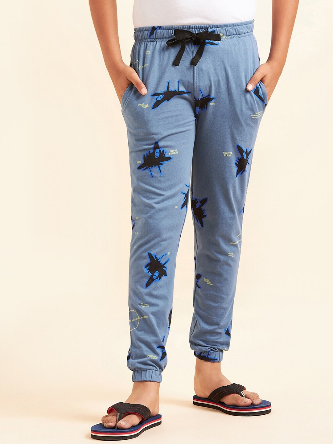 

Sweet Dreams Boys Blue Printed Mid-Rise Relaxed-Fit Pure Cotton Lounge Joggers