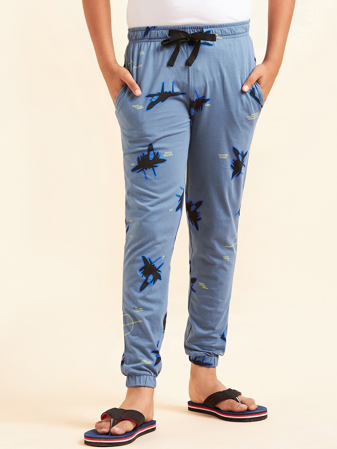 

Sweet Dreams Boys Blue Printed Mid-Rise Pure Cotton Lounge Joggers